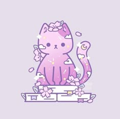 a pink cat with flowers on it's head sitting on top of a table