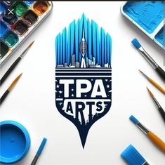 the logo for tpa arts is surrounded by paint brushes and watercolor paints on a white surface