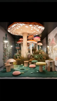 a room filled with lots of mushrooms and tables