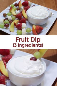 the fruit dip is being served with grapes, apples and strawberries on a white plate