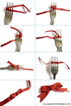 the instructions for how to tie forks and spoons with red ribbon on each fork