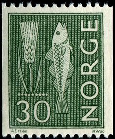 a stamp with an image of fish and wheat on the front, which reads norce 30