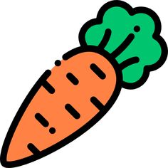 an orange carrot with green leaves on it's top and black dots on the bottom