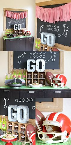 a football themed party with chalkboard signs and decorations