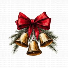 christmas bells with red bows and pine needles on white background, watercolor painting by hand