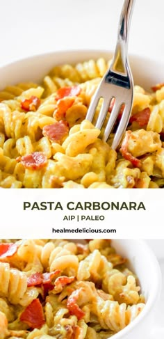 pasta carbonara in a white bowl with a fork sticking out of it and the title overlay reads pasta carbonara