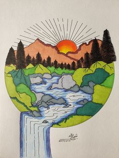 a drawing of a waterfall with trees and mountains in the background