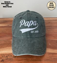 Papa Hat With Custom Year Est, Personalized Papa Hat, Unstructured Grandpa Hat, Father's Day Gift This cool hat with a personalized year Est. will make a perfect gift for any dad! Please refer to the listings image gallery for the hat and thread color charts. If no thread color provided, we'll use the white thread. If you don't provide the thread color during checkout, we'll use black or white, depending on the hat color. DETAILS 100% cotton pigment dyed twill Unstructured, six-panel, low-profil Hat Personalized, Papa Gifts, Personalized Hats, Hat Custom, Embroidered Hat, Embroidered Caps, Embroidered Hats, Cool Hats, Grandpa Gifts