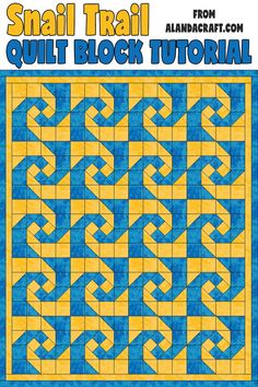 the small trail quilt block is shown in blue and yellow