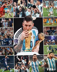 a collage of soccer players and their trophies