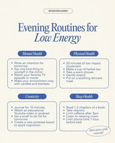 Low Energy Days, Evening Routines, Evening Routine, Glow Up Tips, Choose One, Mental And Emotional Health