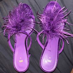 Never Worn Has Just Been Sitting In My Closet - Purchased For Vacation 2 Years Ago But Never Wore Them. Beautiful Velvet Purple Color Matching Colored Feathers Msg For Any Questions Price Is Firm Zara Purple Party Heels, Zara Purple Heels For Formal Occasions, Zara Flat Sandals For Party, Purple Flat Sandals For Party, Colored Feathers, Feather Heels, Velvet Purple, Coloured Feathers, 2024 Color