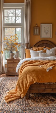 a bedroom with orange walls and white bedding in the center, along with an area rug on the floor