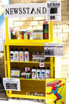 a yellow shelf filled with lots of different types of items on it's sides