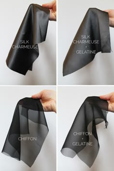 four pictures showing how to fold a scarf with the words silk, chameuse, gelatine and geratine