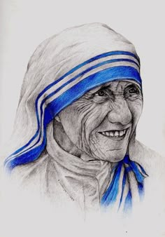 a drawing of an old woman with blue hair and a quote on it that says, do small things with great love