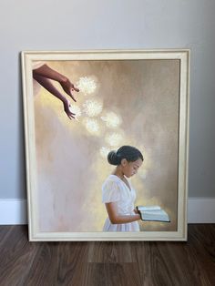 a painting of a woman reading a book with her hand reaching for the light above her head