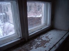 two windows in an old building with snow on the ground and bare branches sticking out