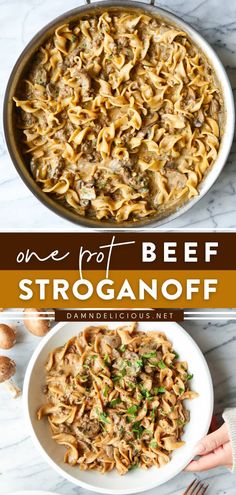 one pot beef stroganooffi is an easy and delicious dinner that's ready in less than 30 minutes