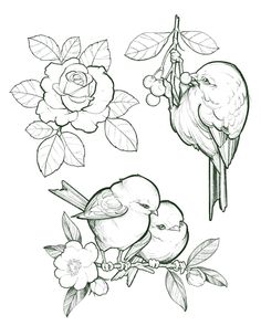 two birds sitting on top of a tree branch next to some flowers and one bird