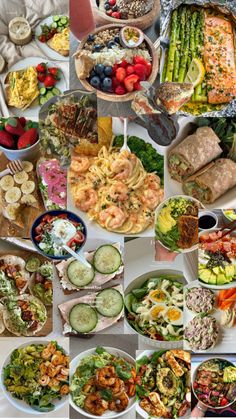 a collage of pictures with different types of food and vegetables on them, including salads, shrimp, asparagus, broccoli, cucumbers, tomatoes, pasta