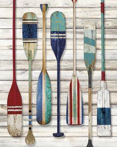 an assortment of paddles and oars mounted to the side of a wooden wall