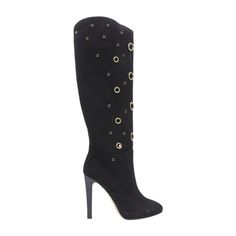 GIUSEPPE ZANOTTI black suede gold crystal eyelet high heel tall boots EU37 Reference: TGAS/A05788 Brand: Giuseppe Zanotti Model: Eyelet boots Material: Suede Color: Black Pattern: Solid Closure: Zip Extra Details: Black suede leather upper. Gold-tone eyelet hardware. Crystal embellishment. Almond toe. Zip closure. Made in: Italy CONDITION: Condition: Unworn with defects. Minor scuffing and scratches on suede leather from storage. Minor corrosion on some metal hardware. Missing crystals. SIZING D Heel Tall Boots, Giuseppe Zanotti Boots, Italian Boots, Gogo Boots, Italian Shoes, Chic Leather, Gold Crystal, Flat Boots, Crystal Embellishment