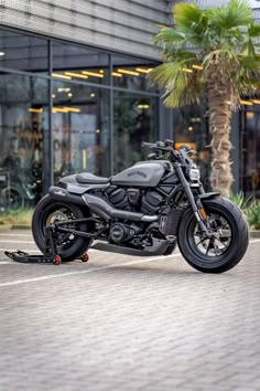 a black motorcycle parked in front of a building next to a palm tree on the sidewalk