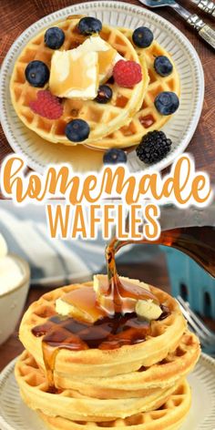 homemade waffles with syrup and fruit on top are shown in this collage