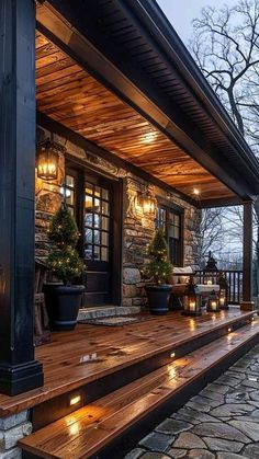 a wooden porch with lights on the steps and potted plants in front of it