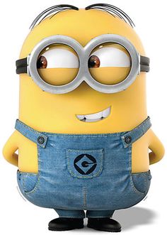 a minion with glasses and overalls standing in front of a white background