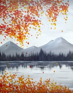 an acrylic painting of mountains and trees with fall leaves in the foreground