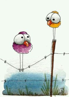 two birds standing on top of a wooden pole next to water and barbed wire with one bird sticking its head out