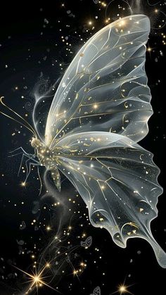 a white butterfly flying through the air with stars in it's wings and tail