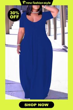 knowfashionstyle Blue Fashion Casual Plus Size Solid Patchwork V Neck Short Sleeve Dress Casual Blue Plain Dress, Blue Non-stretch Maxi Dress, Casual Long Blue Maxi Dress, Blue Plain Dresses For Summer, Blue Shift Maxi Dress, Blue Summer Dresses Plain, Blue Plain Summer Dresses, Blue Non-stretch Maxi Dress For Vacation, Blue V-neck Solid Color Dress