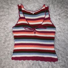 Like-New Never Worn Size M Cute For Spring Y2k Knit Crew Neck Top, Fitted Striped Cotton Knit Top, Y2k Ribbed Tops For Spring, Multicolor Knit Casual Tops, Casual Multicolor Knit Tops, Casual Multicolor Crochet V-neck Top, Striped Knit Tops For Vacation, Cute White Knit Top, Casual Striped Knit Top