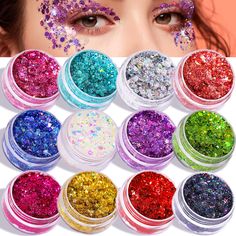 PRICES MAY VARY. 12 COLORS SPARKLY BODY GLITTER - 12 colors(12 jar) face and body glitter gel contains a mix of tiny stars, shimmery dust, hex’s, large chunky glitter pieces and hologram sparkle, creating a stunning sparkle effect. The body glitter gels are available in 10 gram/color, Total 120 grams in a set, providing you with plenty of colors and product to create your desired look. EASY TO APPLY FACE GLITTER - The face glitter are easy to apply by using your fingers or easy-to-use applicator Body Glitter Festival, Glitter For Face, Face Glitter, Gel Hair, Hair Glitter, Makeup Glitter, Makeup Wipes, Body Glitter, Festival Makeup