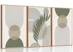 three framed art pieces with different shapes and sizes on the same wall, one has a fern