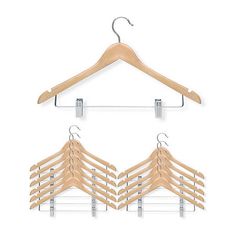 two wooden clothes hangers with metal clips