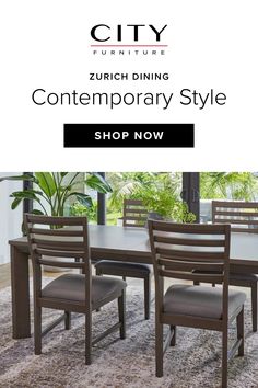 a dining room table and chairs with the words city furniture on it in black text