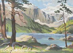 a painting of mountains and trees by the water