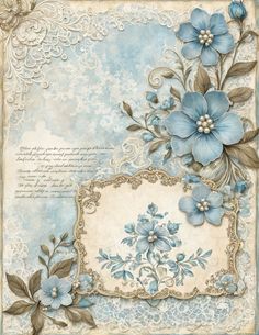 a blue and white card with some flowers on it's side, in the middle of