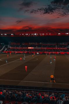 a group of people standing on top of a soccer field at night with the sun going down