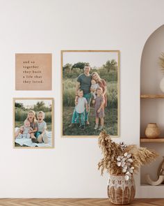 three family photos hanging on the wall above a vase with flowers in front of them