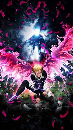 an anime character sitting on the ground surrounded by pink and purple feathers, in front of a dark background