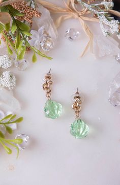 Mint Sage Light Green Gold Chain Glass Crystal Bead Jewel Lightweight Drop Dangle Dangly Earrings Sage Light Green, Beaded Jewels, Dangly Earrings, Glass Crystal, Green Gold, Green And Gold, Crystal Beads, Gold Chain, Gold Chains