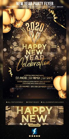 new year party flyer with balloons and streamers