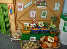 several baskets filled with vegetables sitting on top of a green carpeted floor in front of a wooden wall