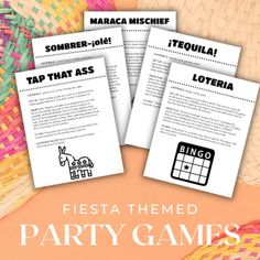 three pieces of paper with words and pictures on them that say fiesta themed party games