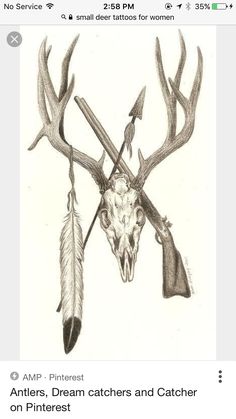 a drawing of a deer skull with two arrows in it's antlers and an arrow